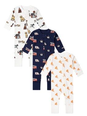 3-Pack Baby Footed Zippert Rompers 9-12m - Dog, Pizza & Vehicle Prints